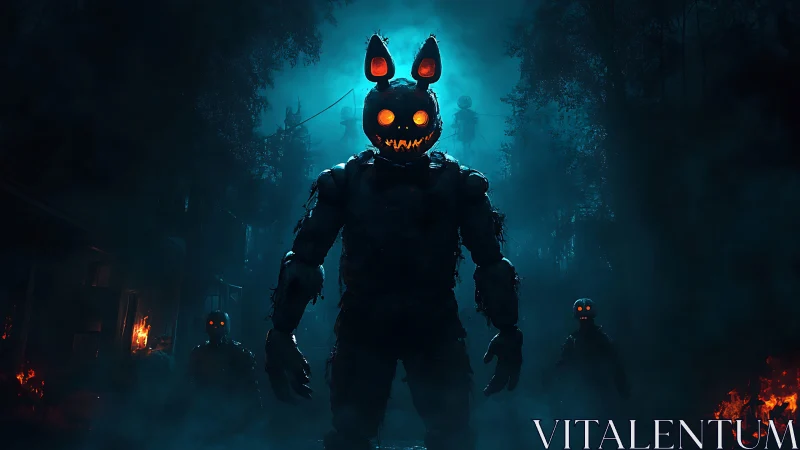 Midnight pumpkin-creature march through a haunted forest.