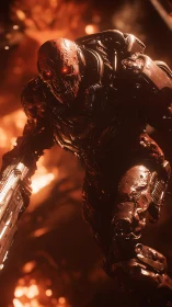 Armored demonic cyborg soldier in fiery battle stance.