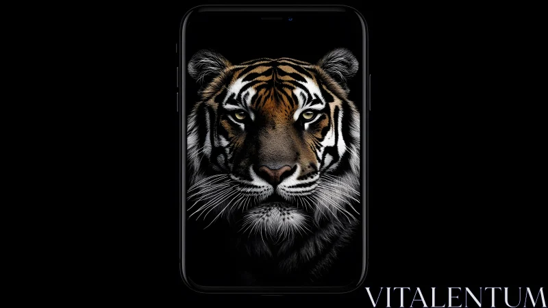 Majestic Tiger Portrait on Smartphone Screen, Hyper-Realistic Style.