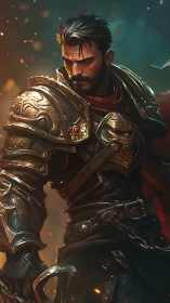 Armored warrior in ornate metal plate stands in profile