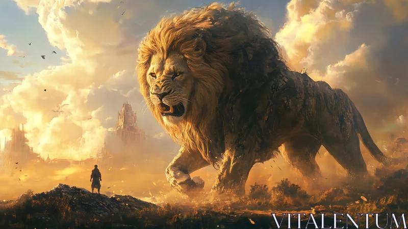 Gigantic stone lion and lone figure in ruined dusk landscape.