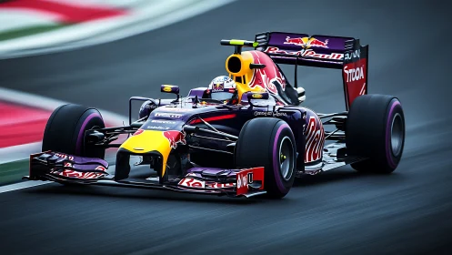 Scarlet thunderbolt F1 car slicing through a stormy circuit.