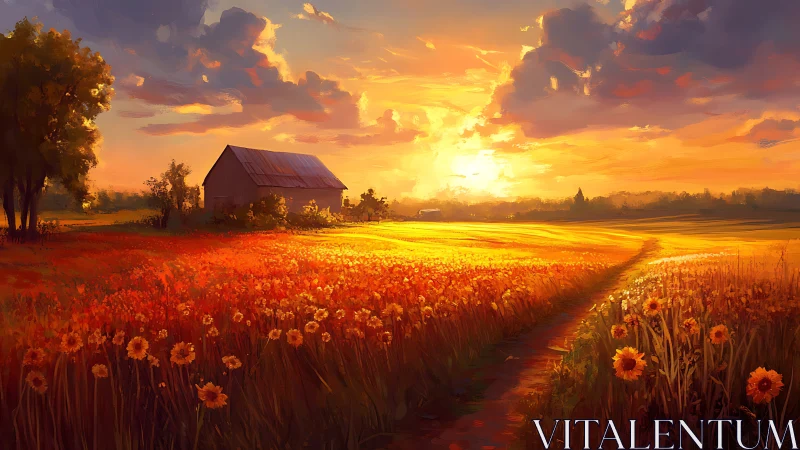 Sunlit flower fields glow warmly around a rustic country barn