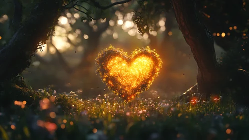 Golden Heart Glowing in an Enchanted Forest.