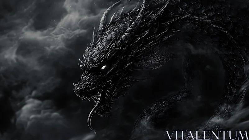 Midnight obsidian dragon coils through storm forged shadow.