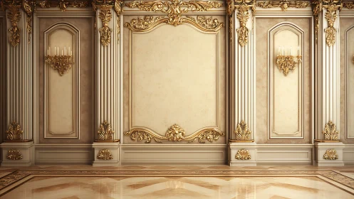 Interior wall shows ornate neoclassical panels with gilded detail