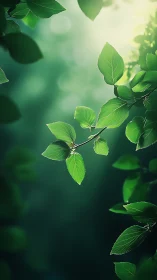 Sunlit green leaves extend on branch against blurred background