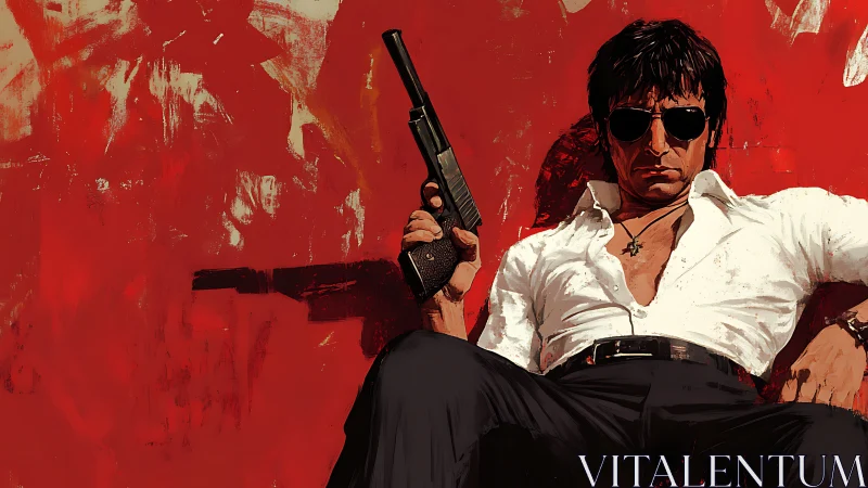 Gunmetal calm against a dripping red storm of attitude.