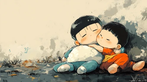 Two cartoon children resting together on a worn ground.