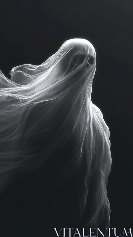 Ghostlike figure wrapped in translucent flowing fabric moves