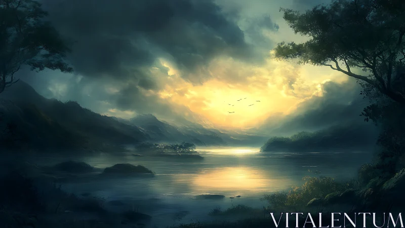 Whispering valley sunrise over mist-laced enchanted waters.