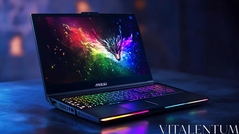 RGB gaming laptop in neon studio, three-quarter oblique view.