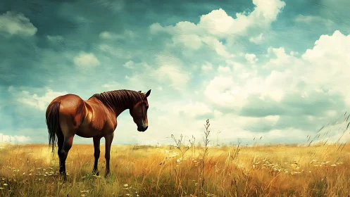Chestnut horse in dry grassland under expansive cloudy sky.