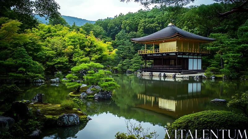 Photorealistic zen pavilion over reflective garden pond composition.