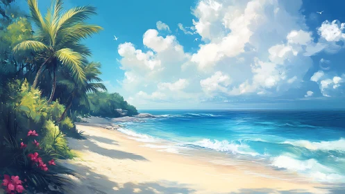 Tropical shoreline with palm trees, blue sea and clouds.