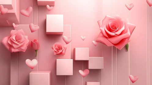 3D Pink Rose Heart Composition with Geometric Boxes