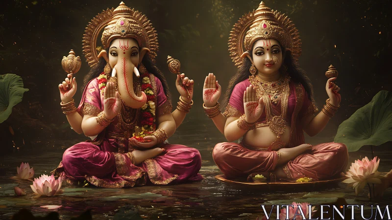 Hindu deities seated on lotus pond with ornate lighting and color