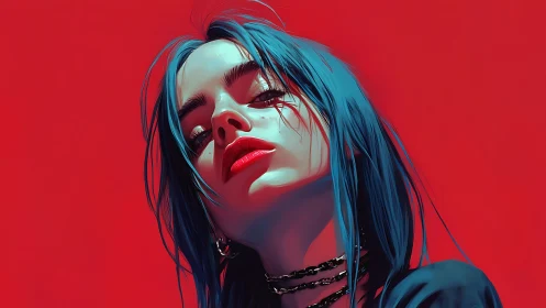 Stylized blue haired portrait against solid red ground.