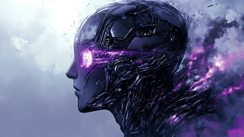 Cybernetic humanoid head emits vivid purple energy beam