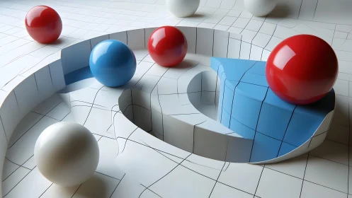 Colorful spheres exploring a playful curved grid world.