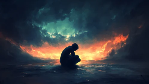 Storm-lit silhouette gently cradles quiet moments of grief