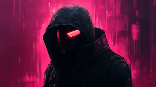 Cyberpunk hooded figure with neon magenta backlit silhouette.