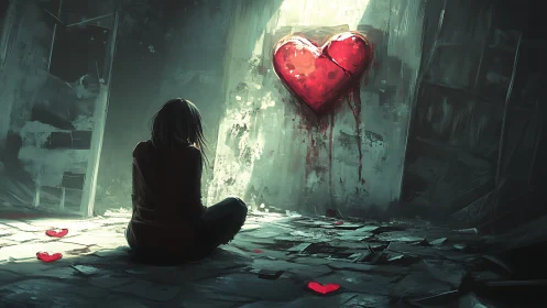 Softly lit girl contemplates a cracked red heart on a wall