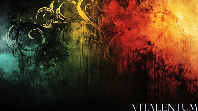 Grunge gradient background with swirling floral motifs.