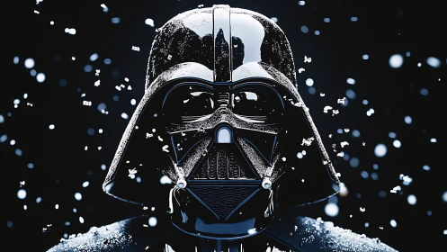 Dark sci fi armored helmet portrait with falling snow.