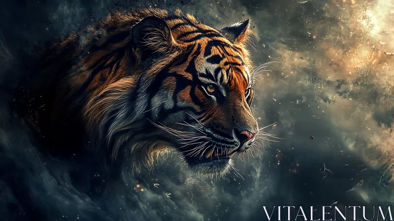 Cosmic tiger emerges through swirling stardust storm.