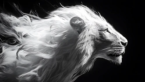 High-contrast monochrome lion portrait with dynamic flowing mane