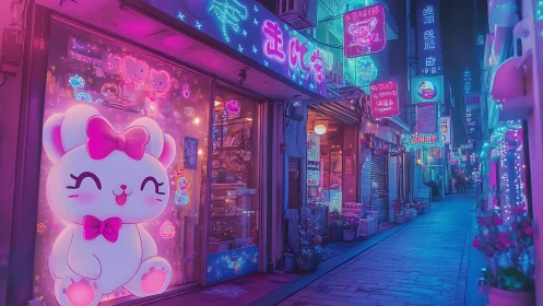 Cute neon bunny shop brightening a cozy city alleyway.
