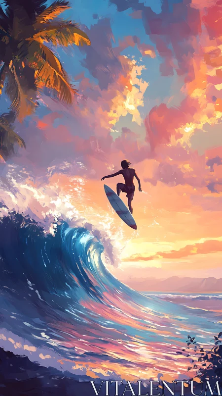 Sunset surfer carving crest under cinematic tropical sky.