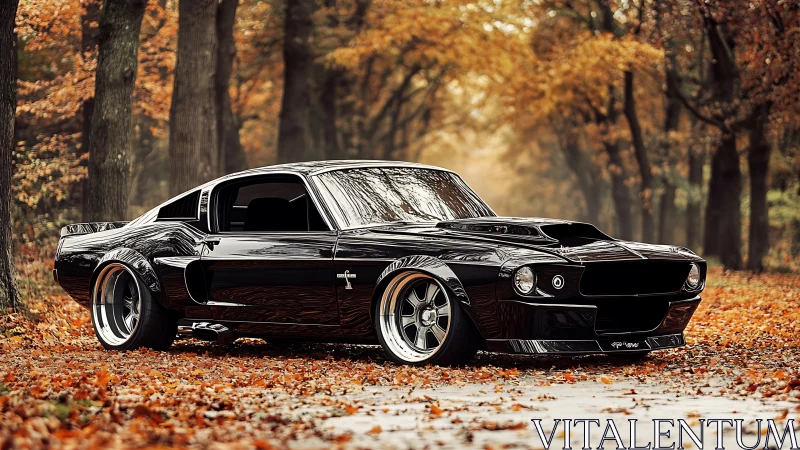Sleek black muscle car rests proudly in a glowing autumn lane
