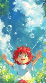 Sunlit joy with a red-haired child chasing summer bubbles.