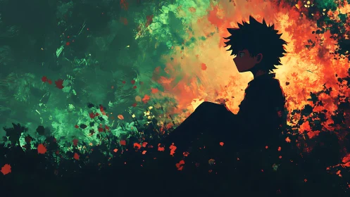 Silhouette dreamer ignites twilight field in painted fire.