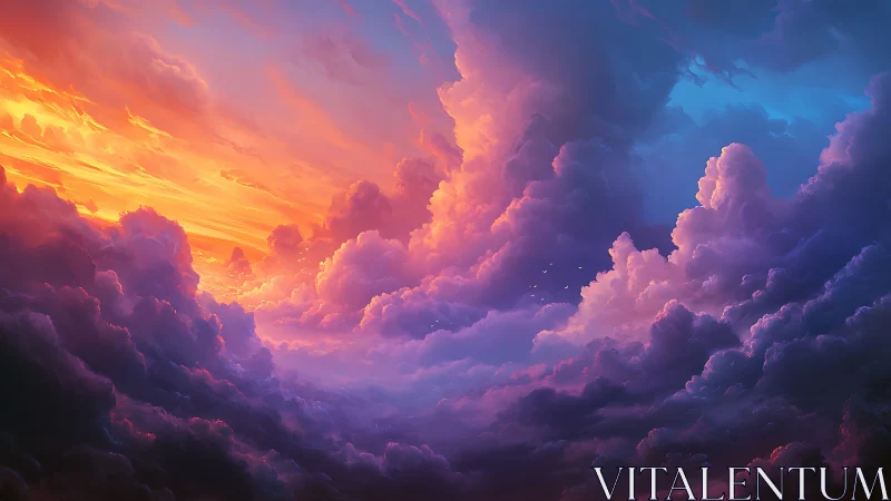 Luminous sunset clouds in cinematic digital sky panorama.