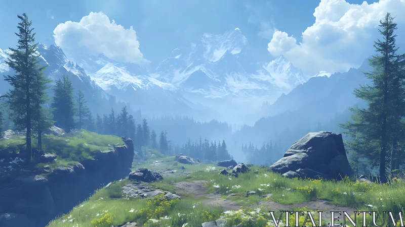 Alpine conifer valley with rocky trail and snowcapped massif