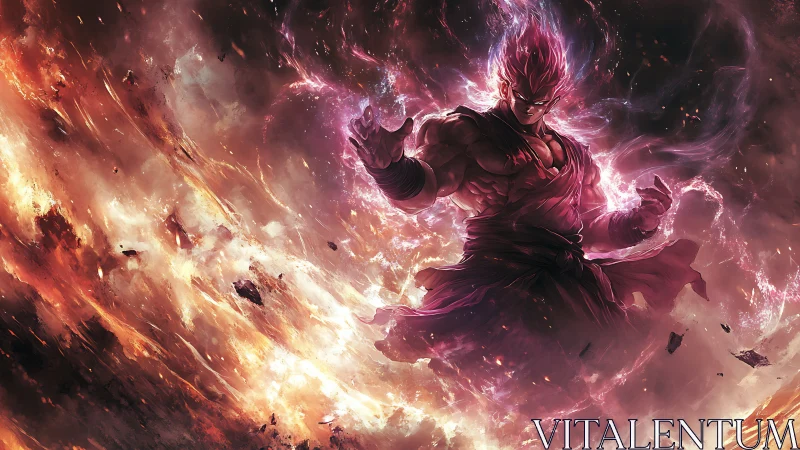 Flaming warrior channels cosmic energy in storming void.