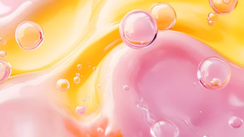 Soft pastel bubbles float across glossy pink and gold waves