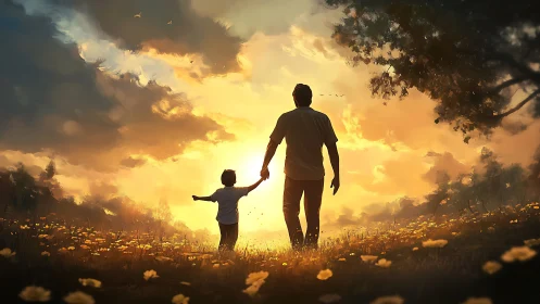 Silhouetted adult and child walking through sunset field.