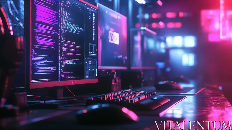 Neon-lit coding workstation in futuristic developer studio.