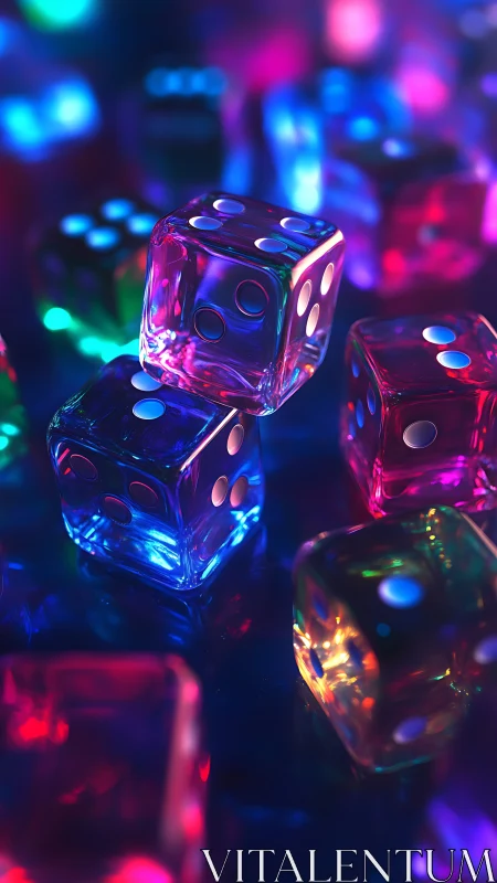 Neon dice drift through liquid light in a midnight casino dream.