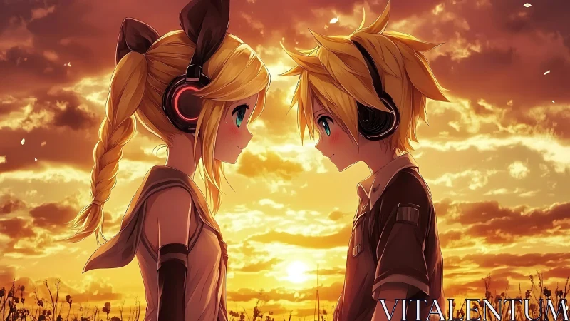 Binaural sunset standoff between twin anime listeners.