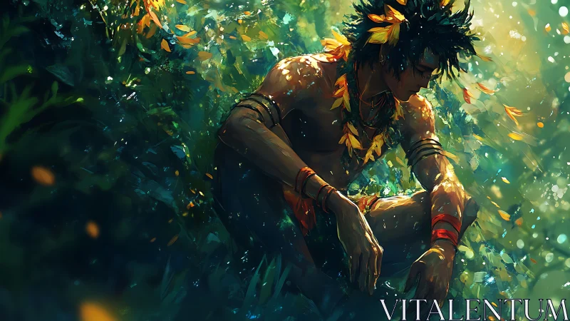 Solitary forest youth rendered in luminous digital foliage