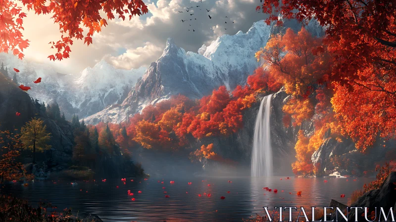 High dynamic range autumn valley with waterfall and snow peaks