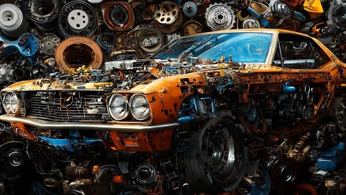 Orange classic car dissected into exposed mechanical components