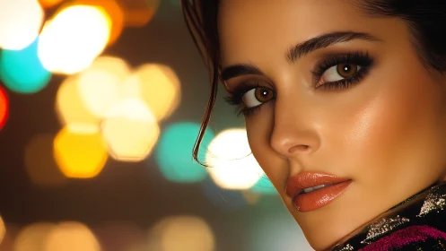 Contemporary portrait of woman with bokeh city lights.
