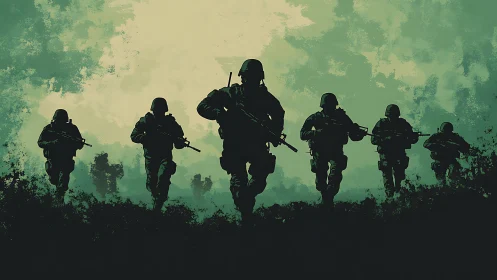 Silhouetted infantry squad advancing through misty terrain.