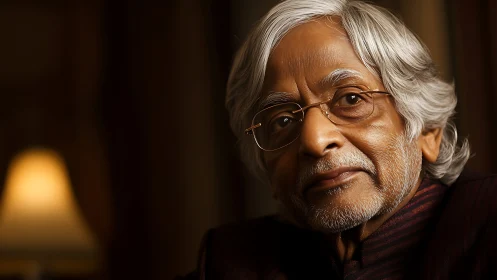 Gentle elder in warm lamplight sharing a quiet moment.